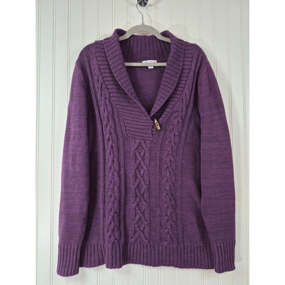 Denim & Co Purple Cable Knit Shawl Collar Toggle Sweater Size L Cozy Outdoor